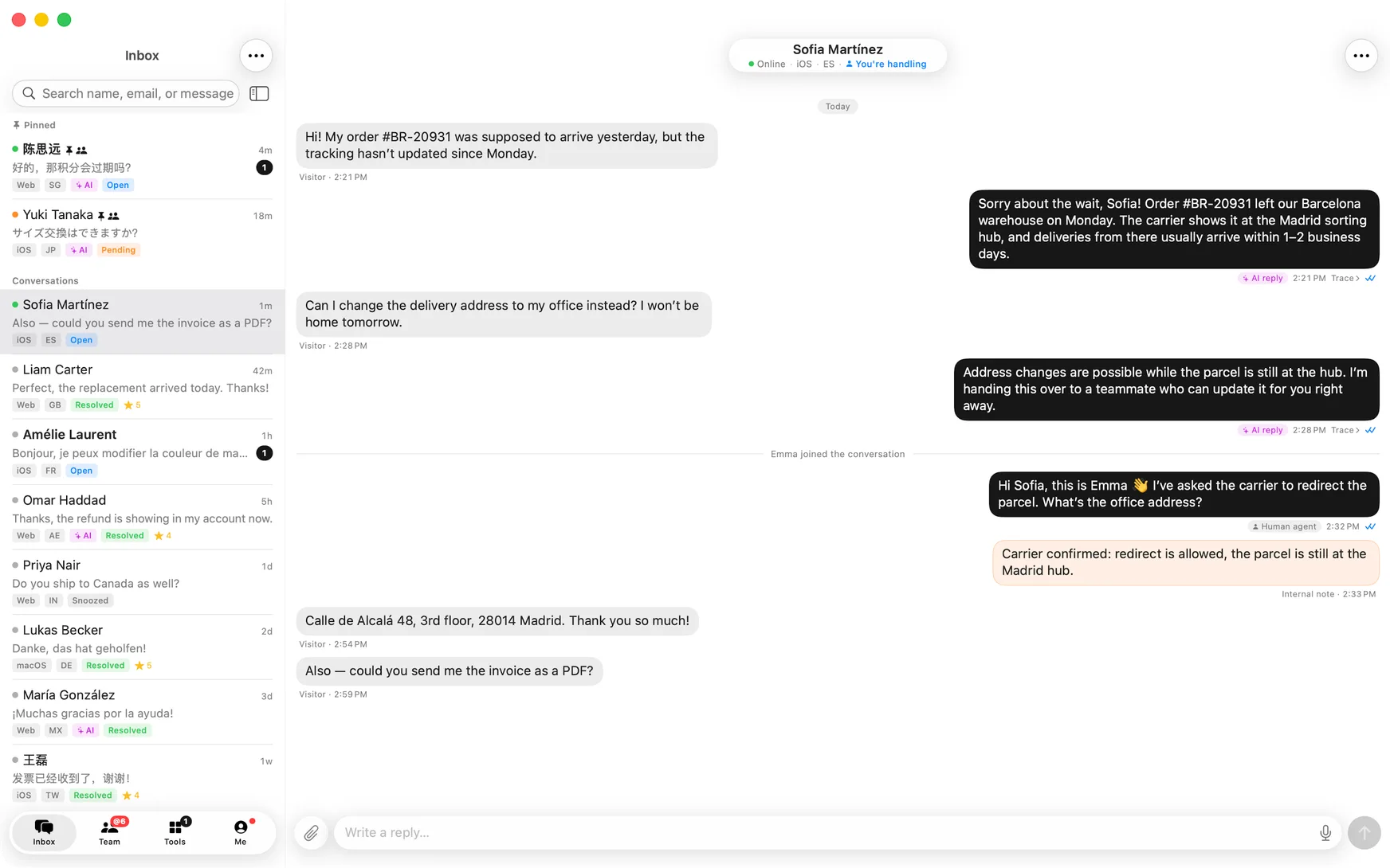 telmini on Mac: the shared inbox and a customer conversation